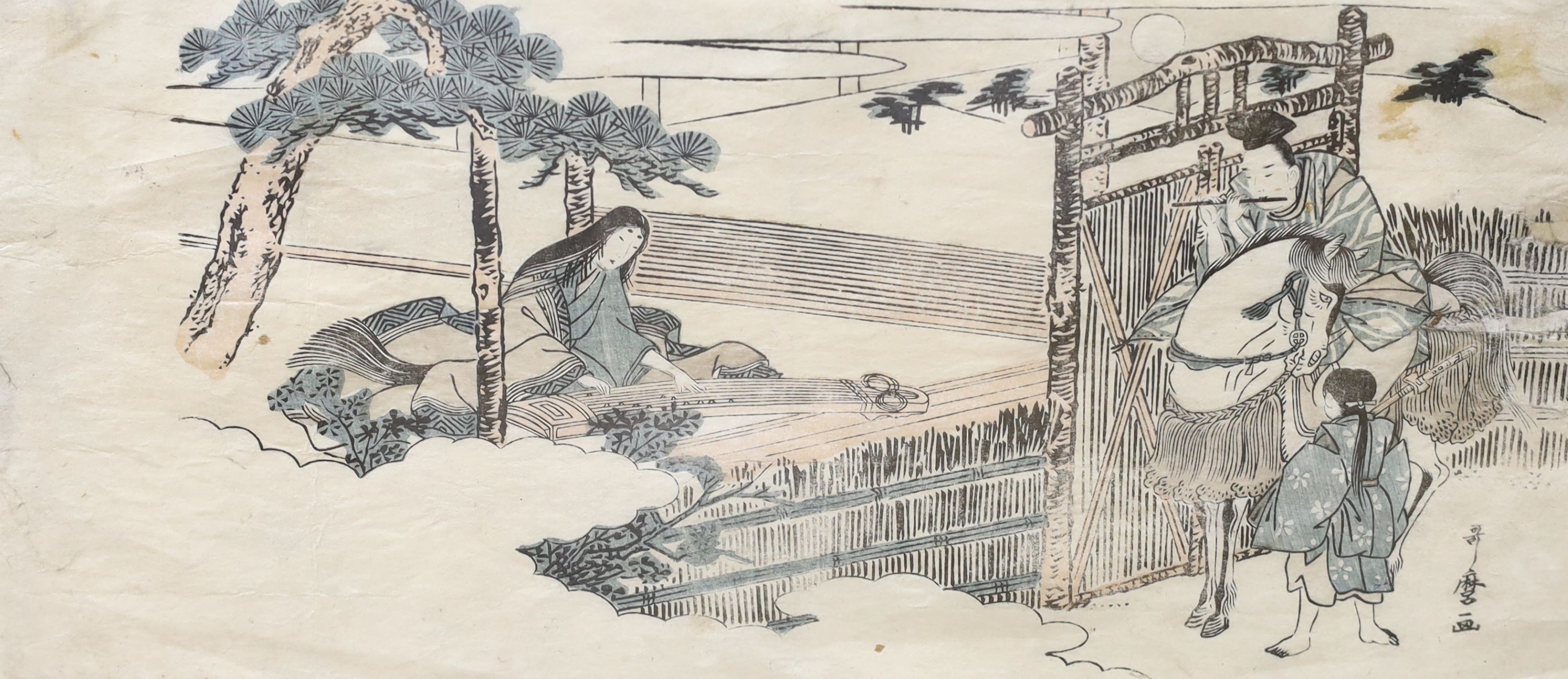 Utamaro II (fl.1804-1818) two woodblock prints, Yoshitsune serenading Joruri Kime and Genji visiting a lady, 14.5 x 31cm